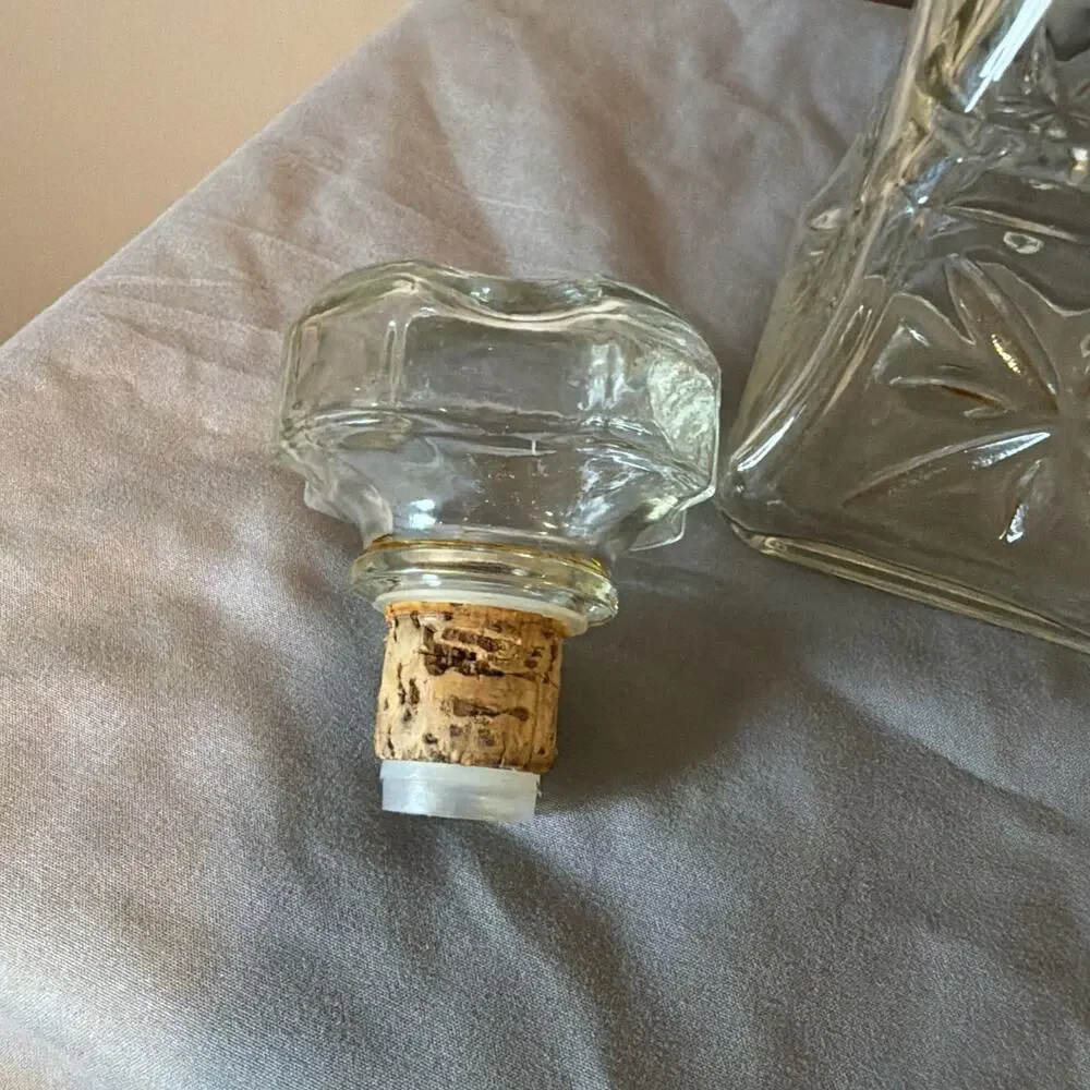 Vintage 1960 Cut Glass Liquor Decanter Cork Stopper Mid Century Barware GW993